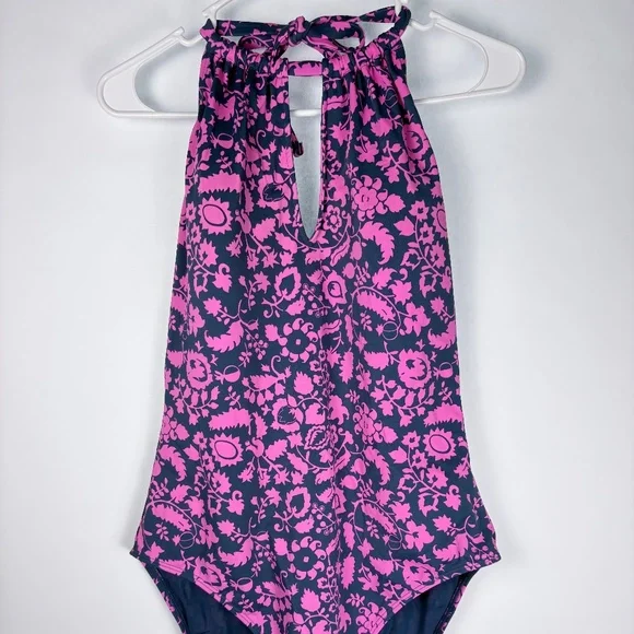 Boden High Neck Swimsuit Pink and Navy - Picture 3 of 9